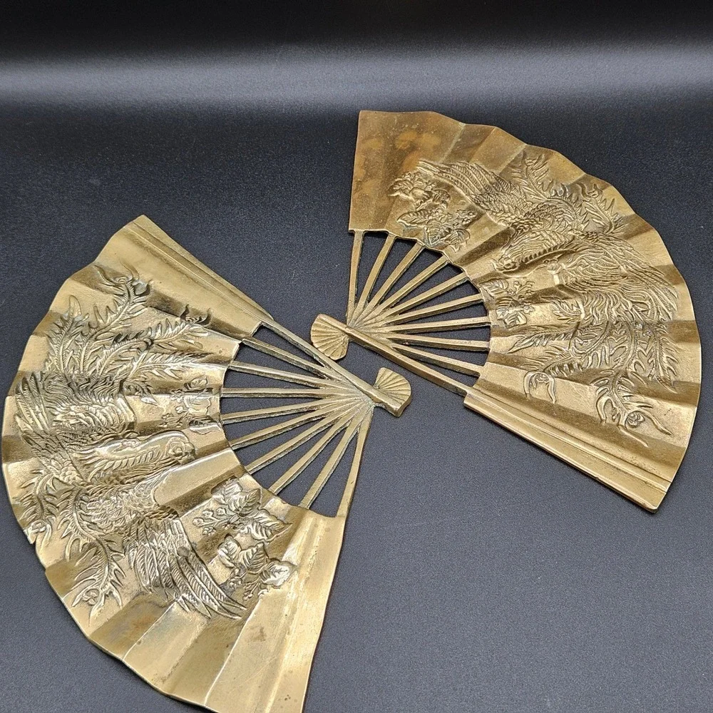 Vintage ENESCO Solid Brass Phoenix Fan Wall Art Set of 2 Taiwan Chinoiserie